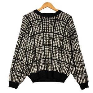Claybrooke Houndstooth Knit Sweater Womens M Black White Crewneck Classic Preppy